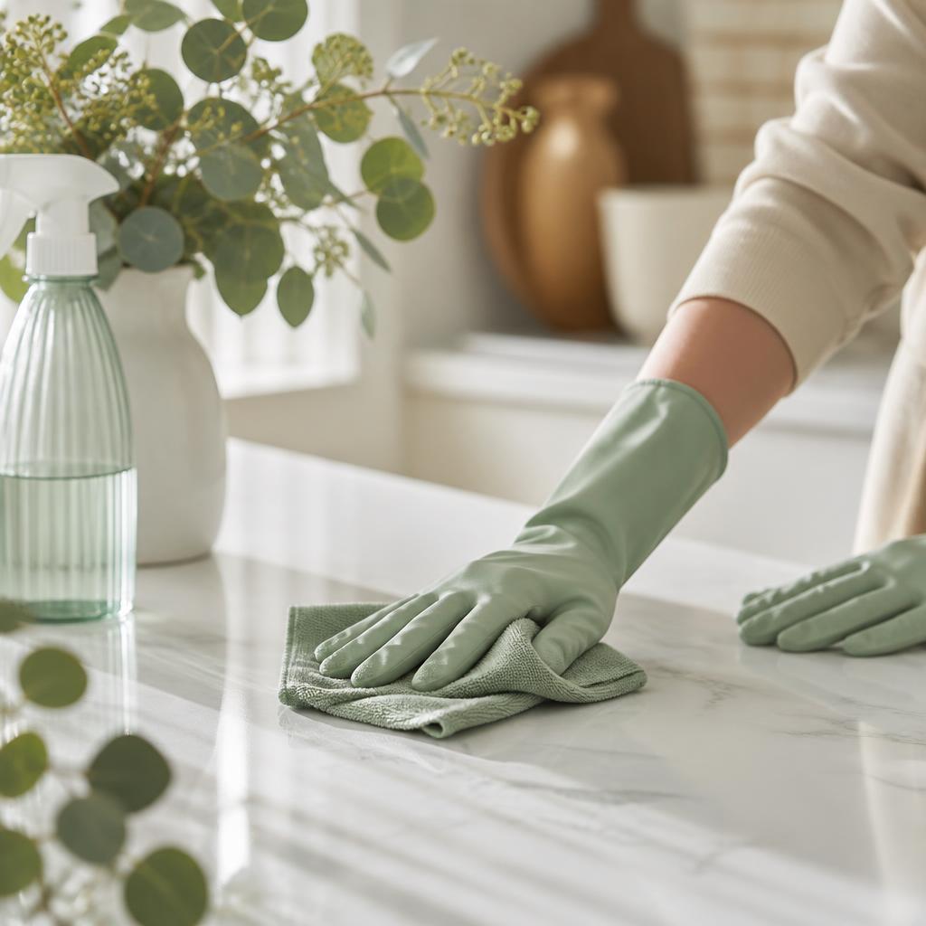 Hands in sage gloves wiping a white marble kitchen counter